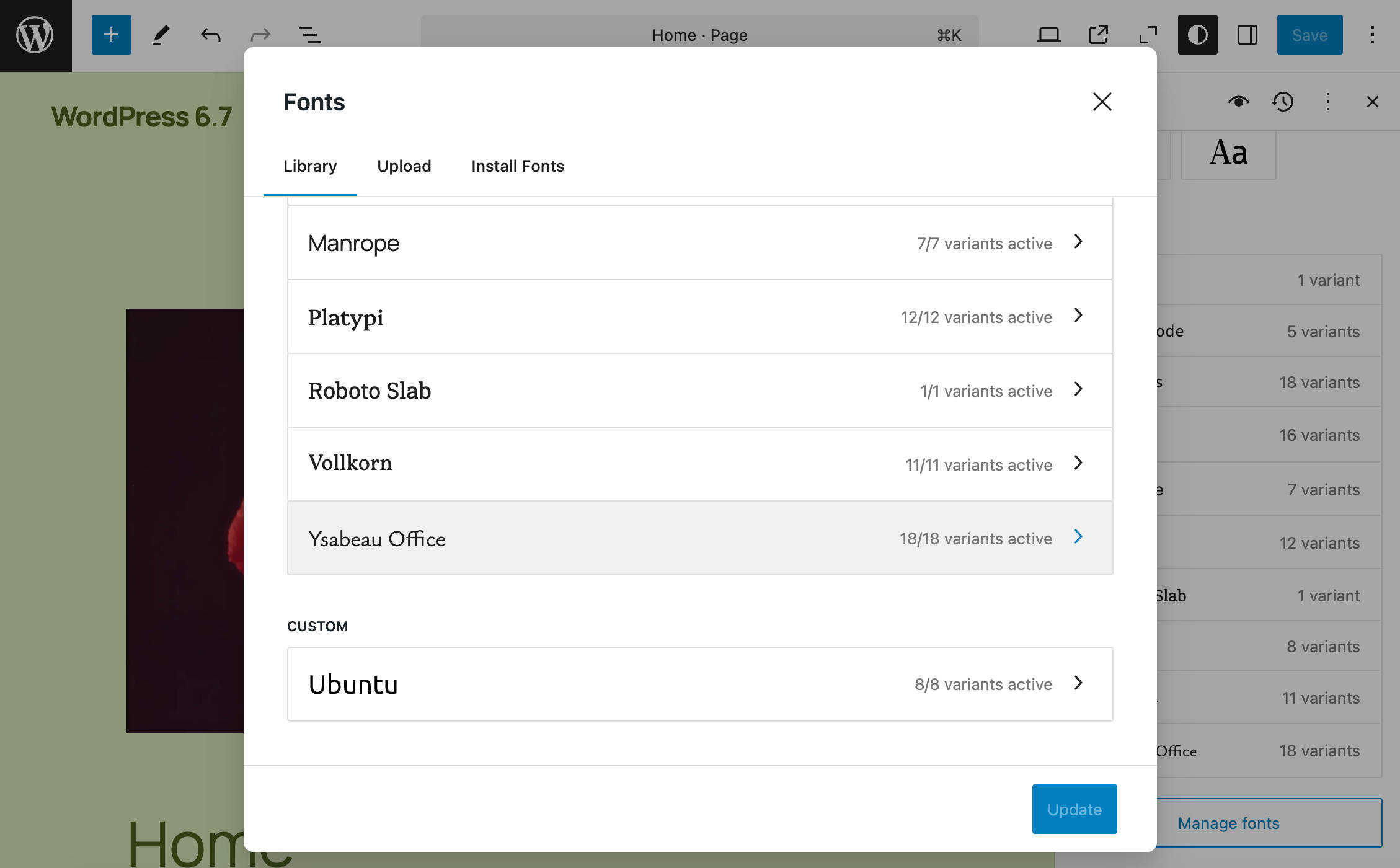 Fuentes agrupadas por origen en WordPress 6.7: Fuentes personalizadas