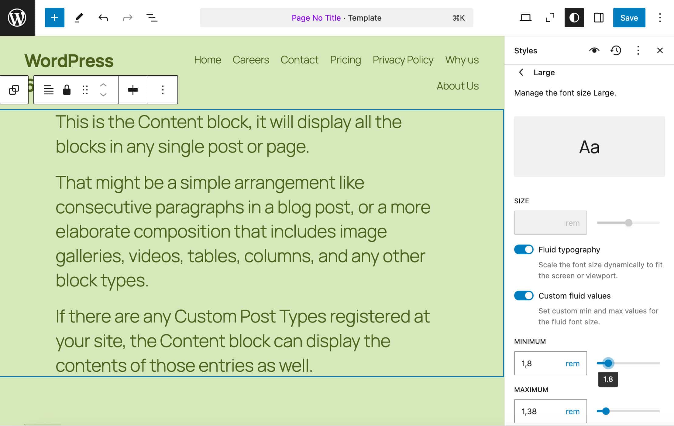 Editar ajustes preestablecidos de tamaño de fuente en WordPress 6.7