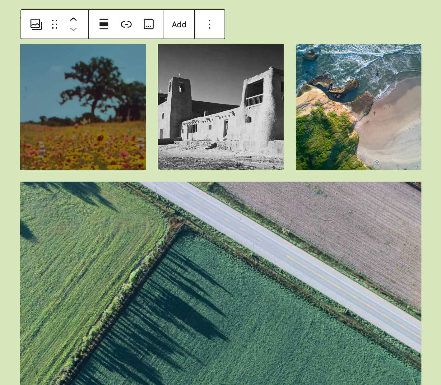 Un bloque Galería generado al arrastrar varias imágenes sobre un Bloque Imagen