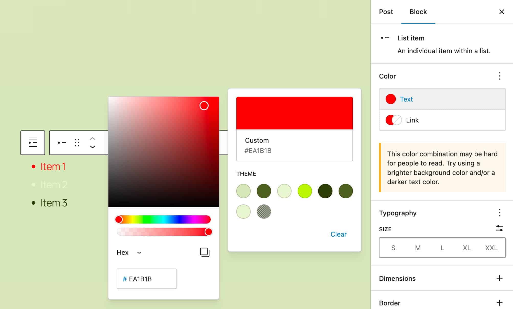 Controles de color para los elementos de la lista en WordPress 6.7