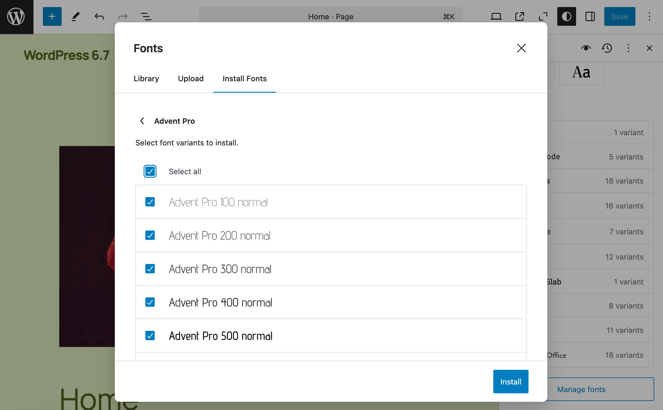 Seleccionar todas las variantes de fuentes en WordPress 6.7
