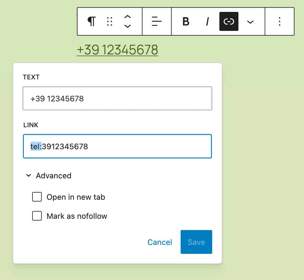Un número de teléfono enlazado en WordPress 6.7