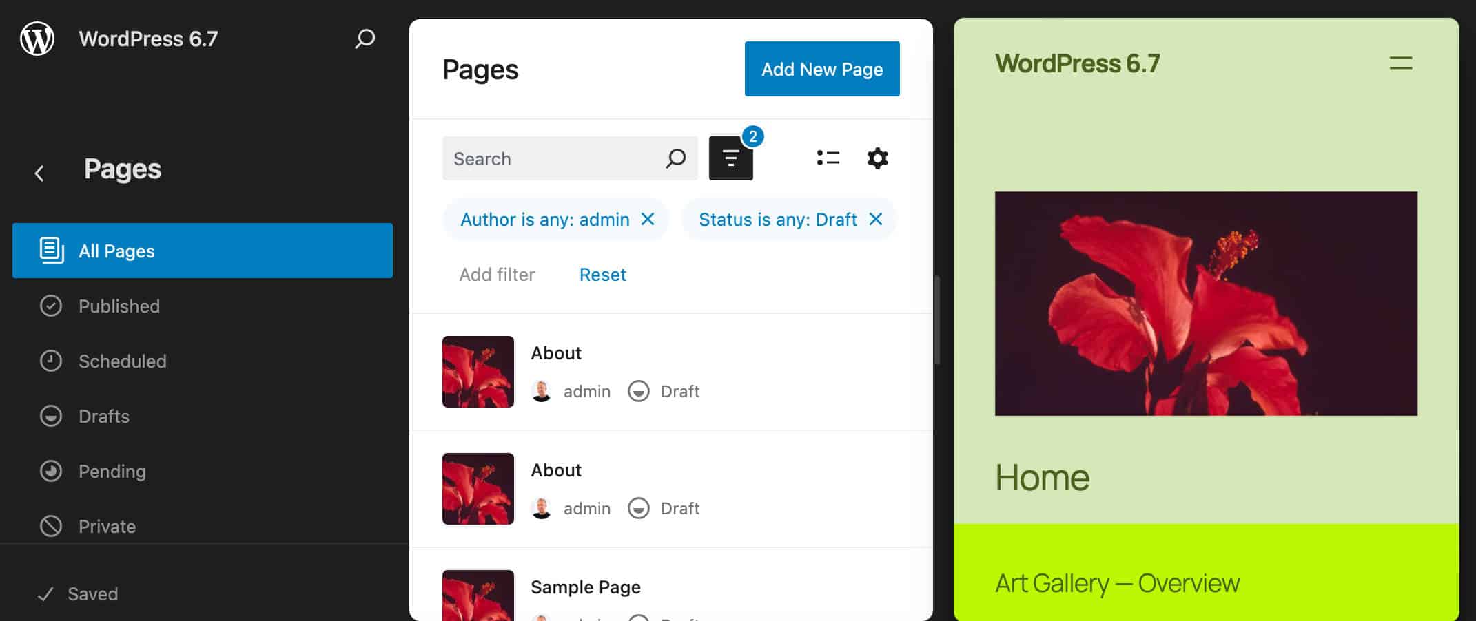la pantalla de alternar filtros en WordPress 6.7