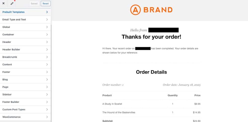Sélectionner un modèle prédéfini dans l'extension Kadence WooCommerce Email Designer.