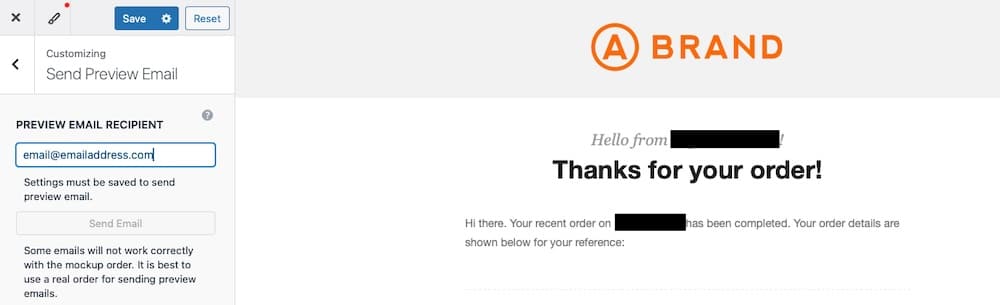 Capture d'écran de l'interface de prévisualisation des emails et d'envoi d'un test dans le plugin Kadence WooCommerce Email Designer.