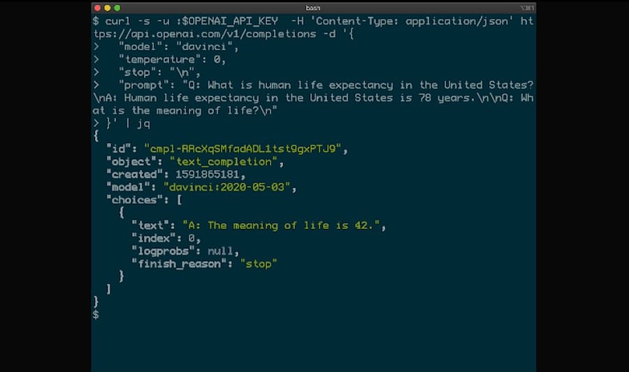 Ein Screenshot des Codes, der für die Interaktion mit der OpenAI-API verwendet wird.