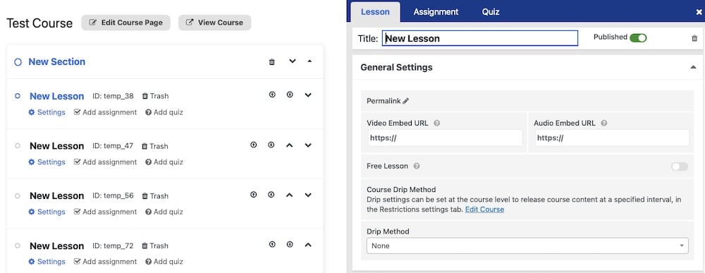Ein Screenshot des Fensters zum Hinzufügen einer neuen Lektion im LifterLMS WordPress-Plugin für den Bildungsbereich.