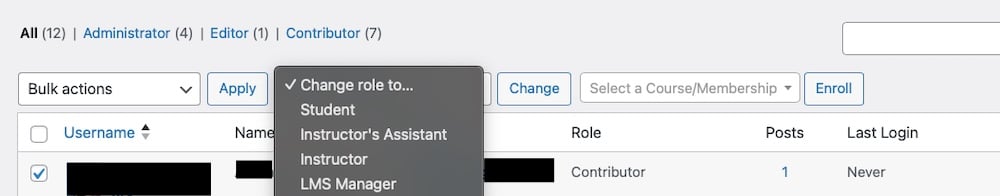 Ein Screenshot der Oberfläche zum Zuweisen von Benutzerrollen in WordPress nach der Installation von LifterLMS.