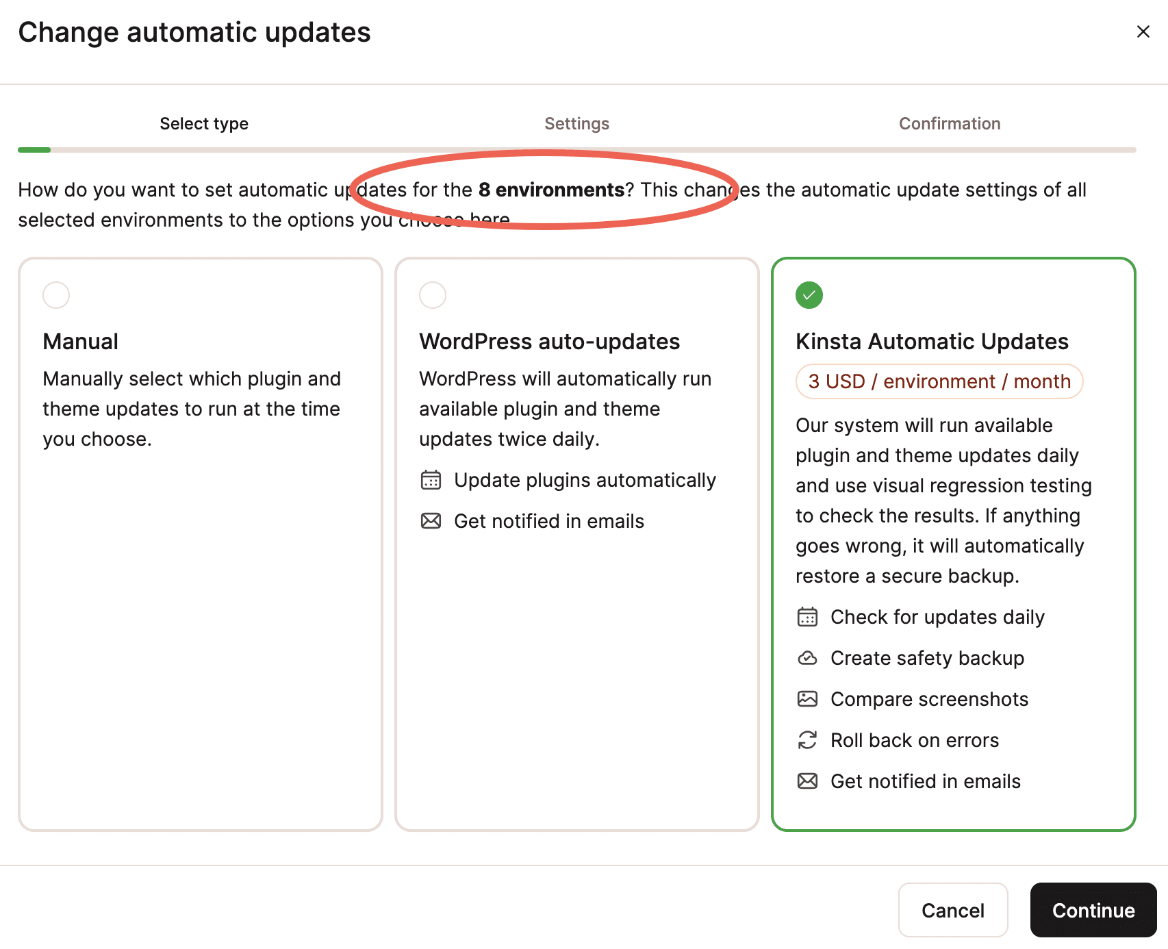 Captura de pantalla que muestra el cuadro de diálogo Cambiar actualizaciones automáticas cuando se han seleccionado múltiples entornos de WordPress.
