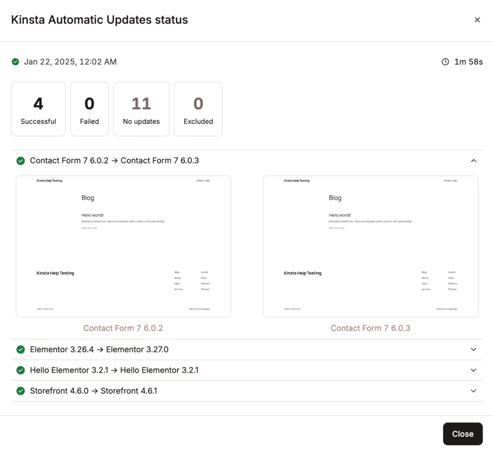 El informe de una actualización de plugin, incluidas las capturas de pantalla utilizadas para las pruebas de regresión.