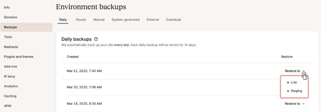 Ein Bild, das zeigt, wie man bei Kinsta ein Backup wiederherstellt.