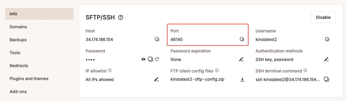 Porta SFTP da Kinsta.