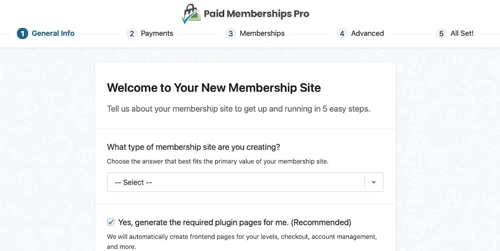 Ein Screenshot vom Startbildschirm des Einrichtungsassistenten für Paid Memberships Pro.