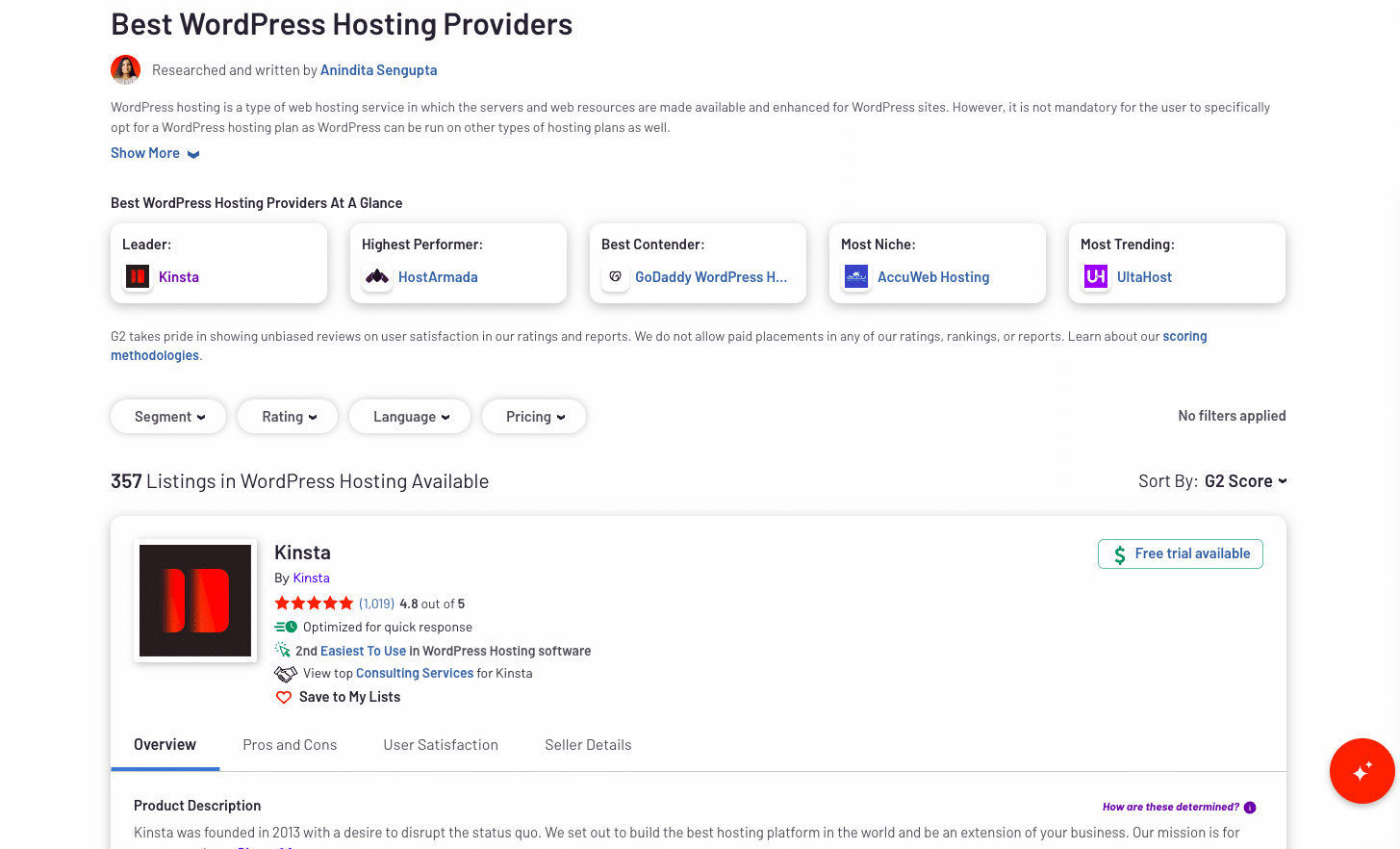 Informe de G2 sobre proveedores de Alojamiento para WordPress