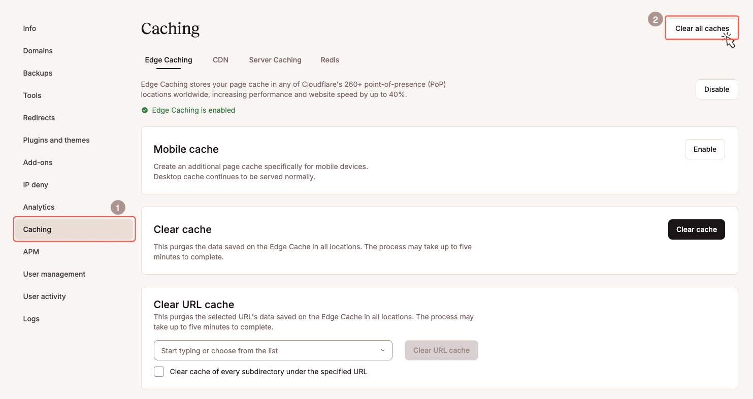 Klik op de knop 'Sites' om de WordPress cache in Kinsta te wissen