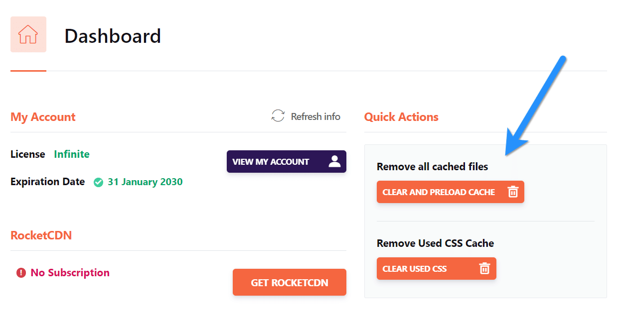 WordPress cache wissen in het dashboard van WP Rocket