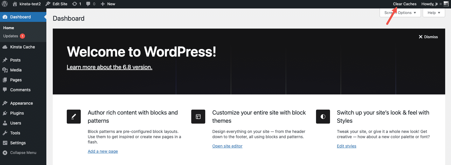 Knop 'Clear Caches' in het WordPress dashboard.