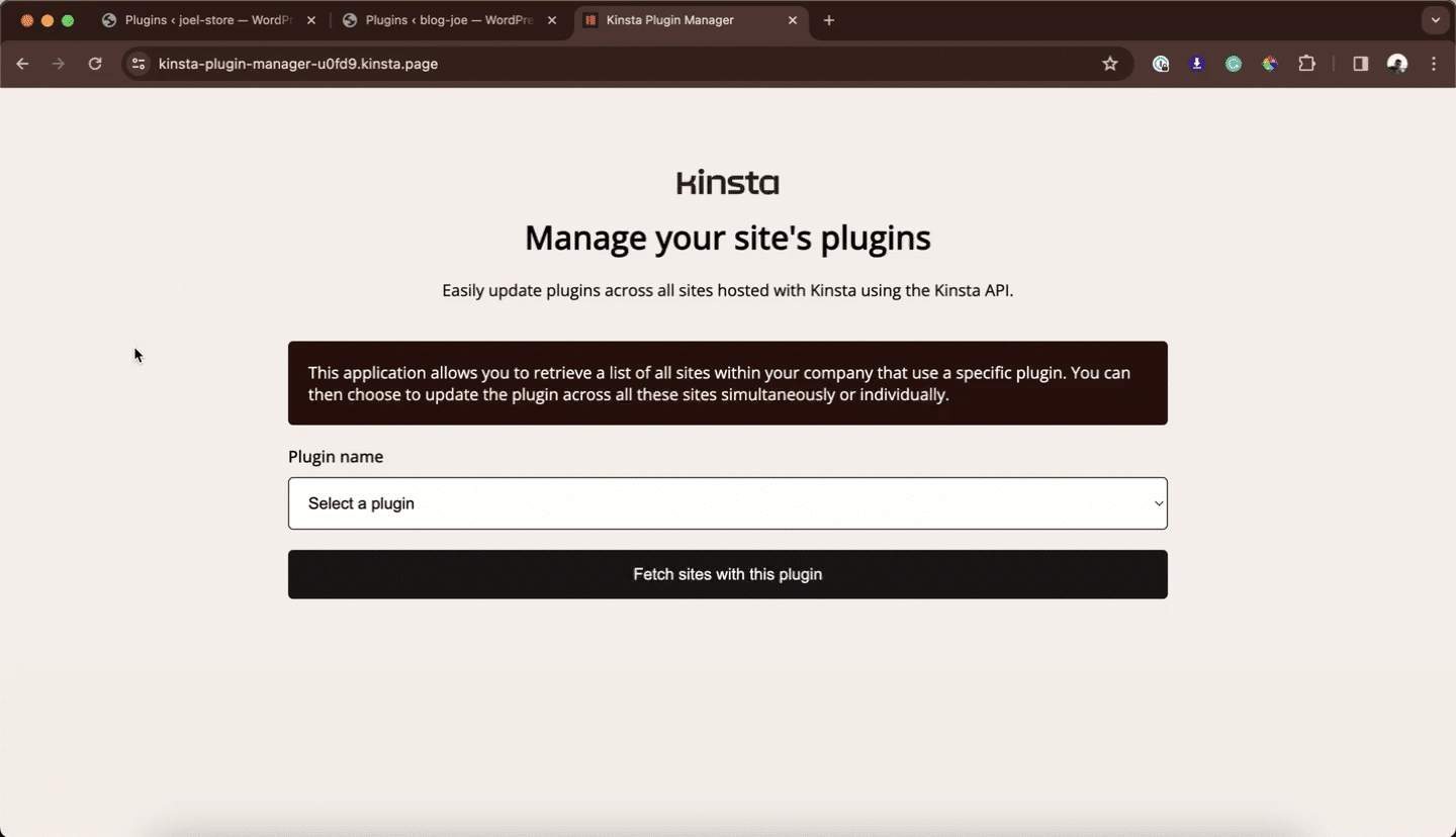 Mini aplicativo web criado para automatizar atualizações de plugins do WordPress usando a API Kinsta.