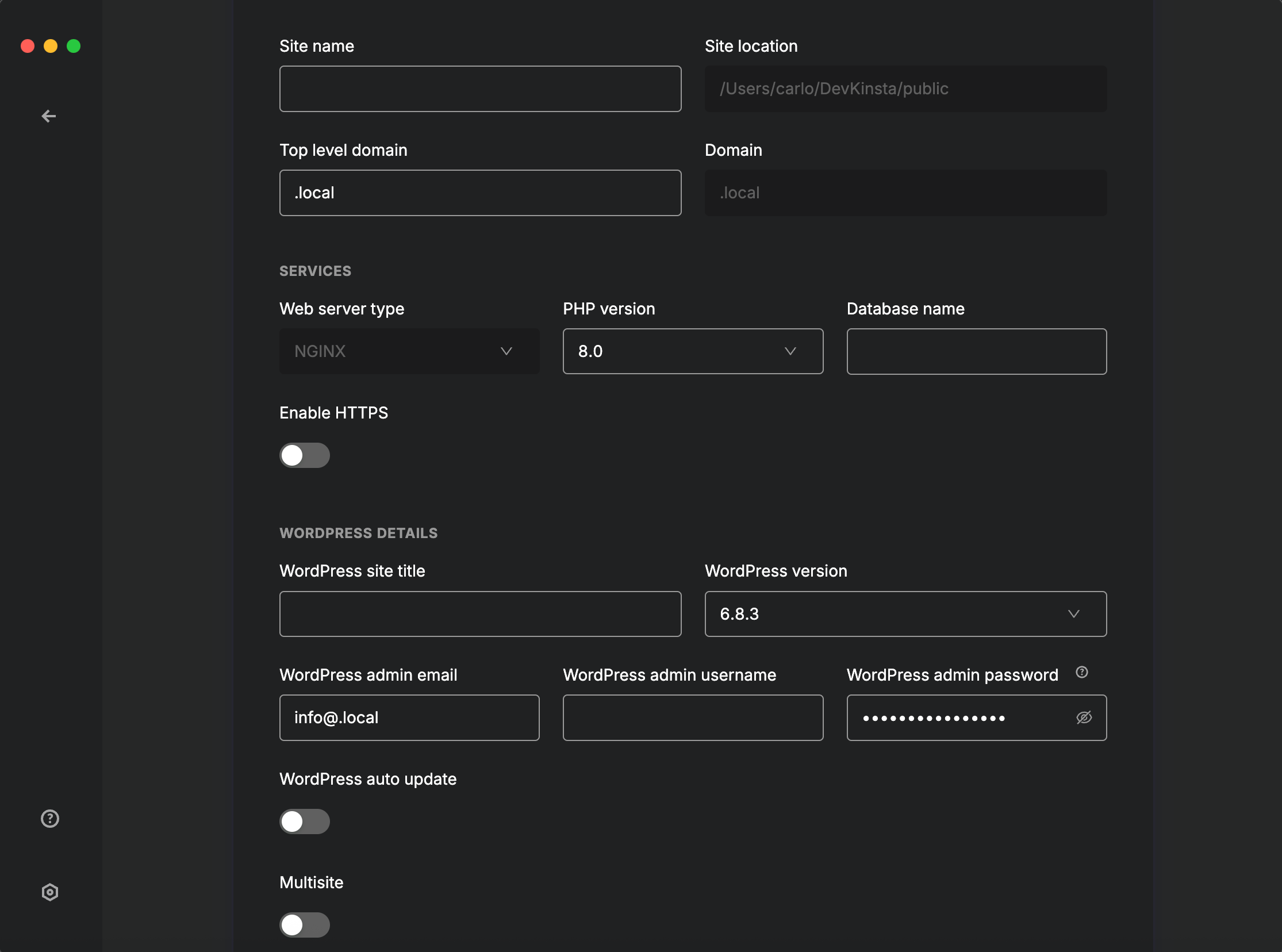 Configuração de um site local no DevKinsta