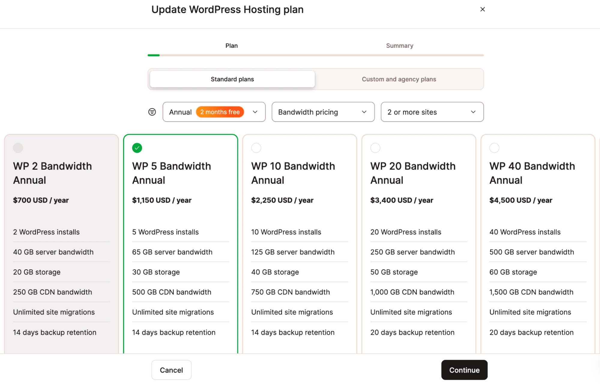 Une sélection de plans d'hébergement WordPress de Kinsta affichant les limites de bande passante au lieu des visites.