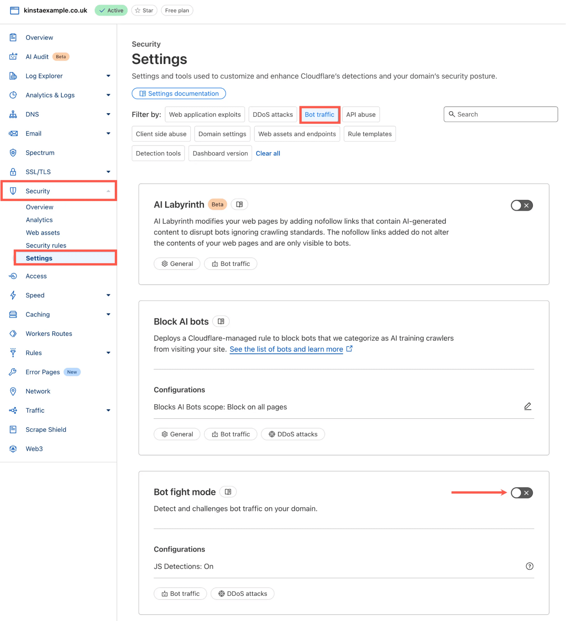 Tableau de bord de Cloudflare montrant l'option Bot Fight Mode.