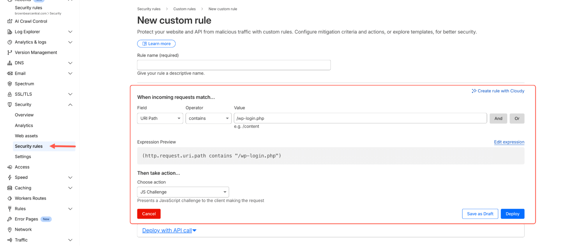 Règle personnalisée configurée dans Cloudflare.