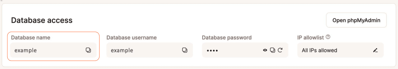 Trouver le nom de la base de données dans MyKinsta à utiliser comme [sitename] dans Cloudflare.