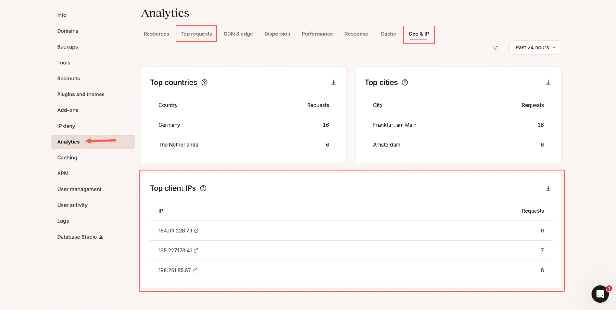 Principales adresses IP clientes affichées dans les analyses MyKinsta.
