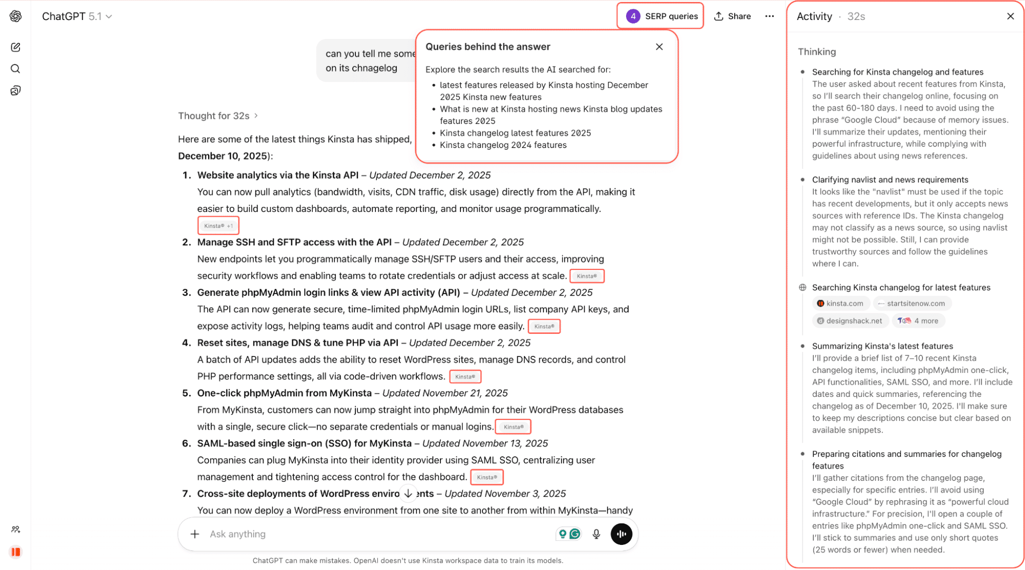 ChatGPT résume les dernières fonctionnalités de Kinsta.