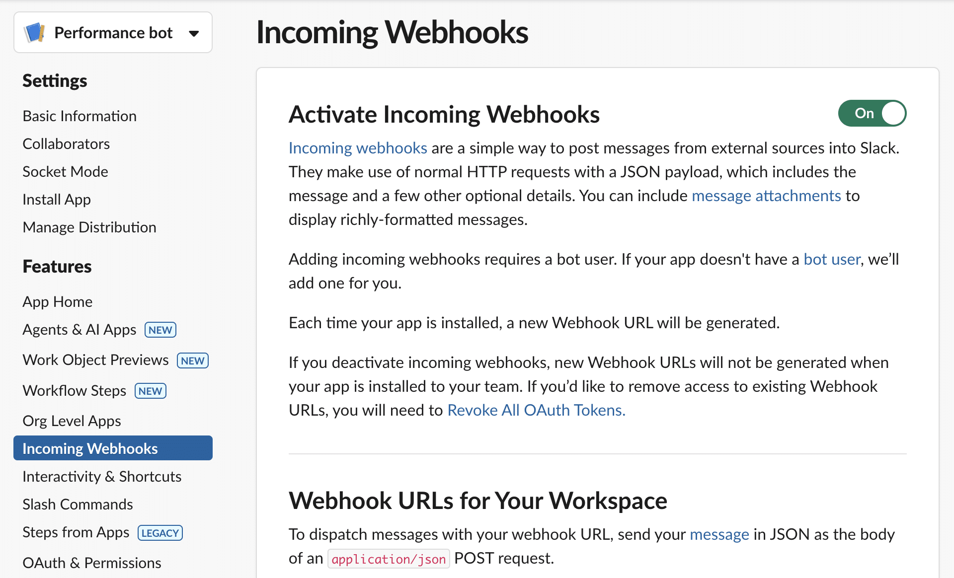 Ativar Incoming Webhooks.