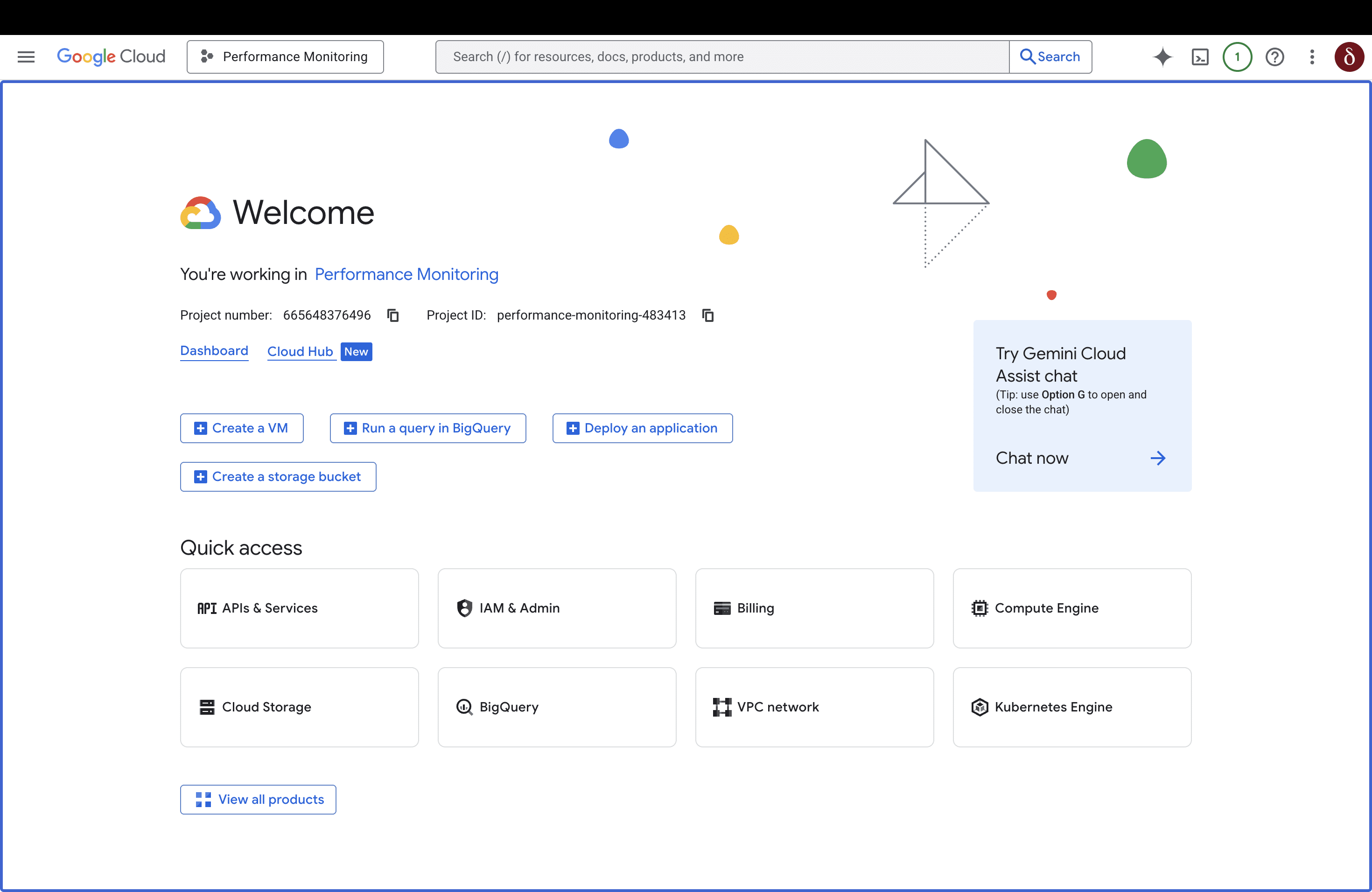Página do projeto Performance Monitoring no Google Cloud Console