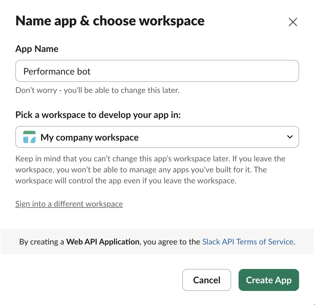 Escolher o nome do aplicativo e selecionar um workspace.