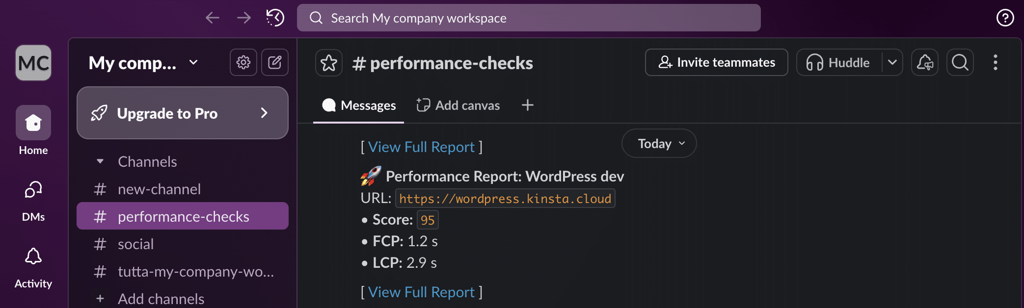 Relatório de desempenho automatizado no Slack.