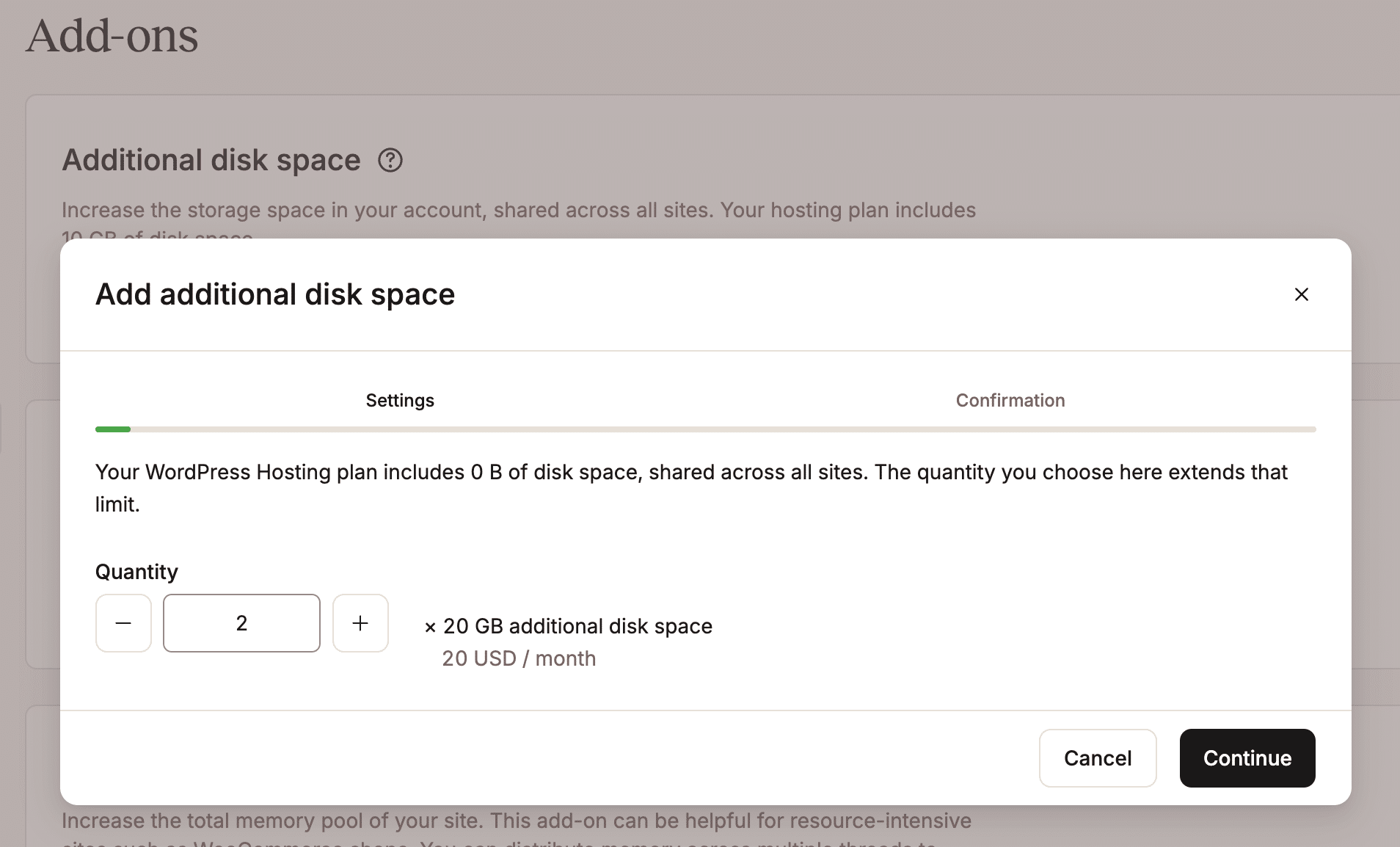 Adicionando 2 slots de espaço em disco no MyKinsta.