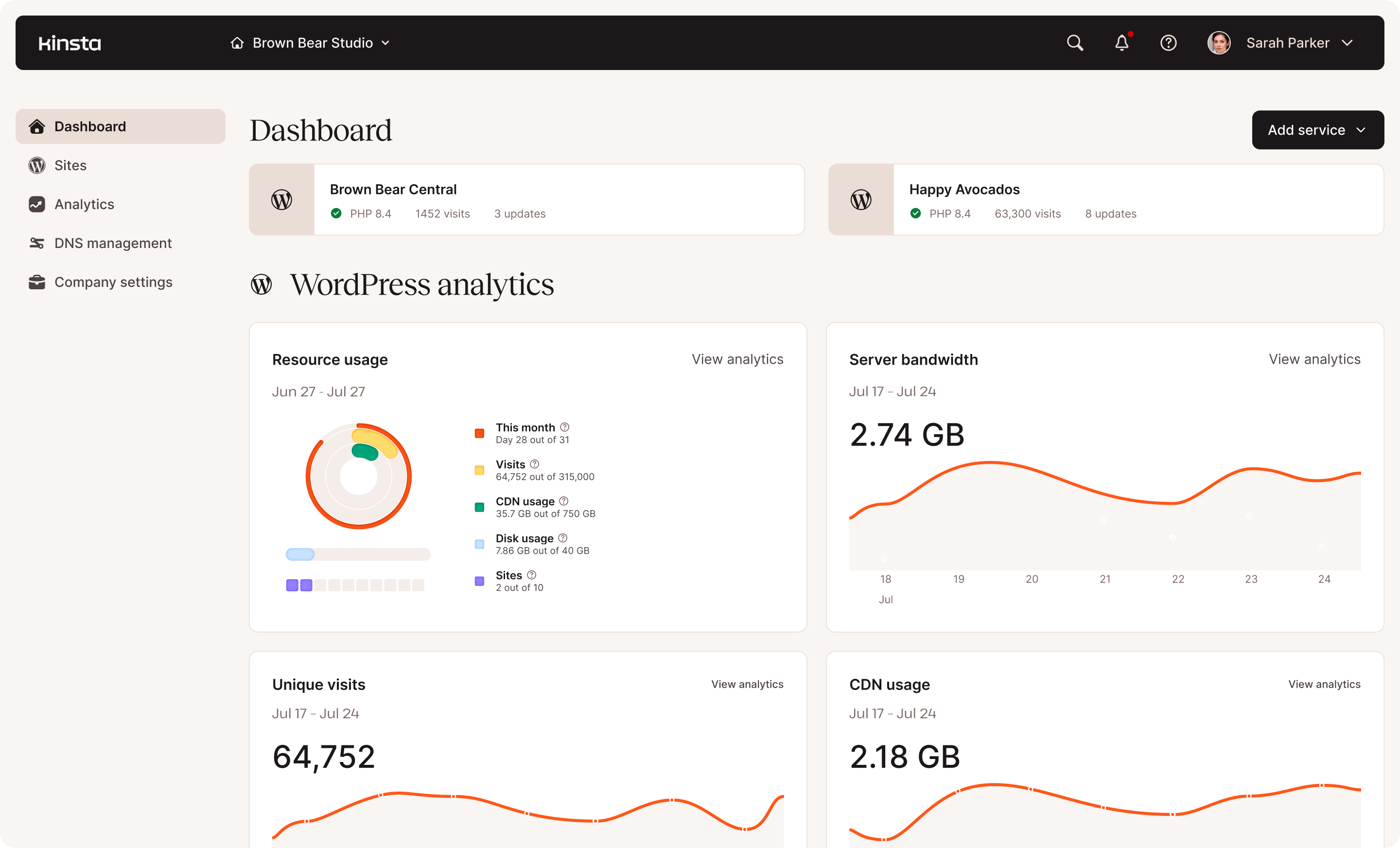 Uno screenshot dell'interfaccia utente di MyKinsta, che mostra alcuni dei grafici analitici e i link ai siti web all'interno dell'account.