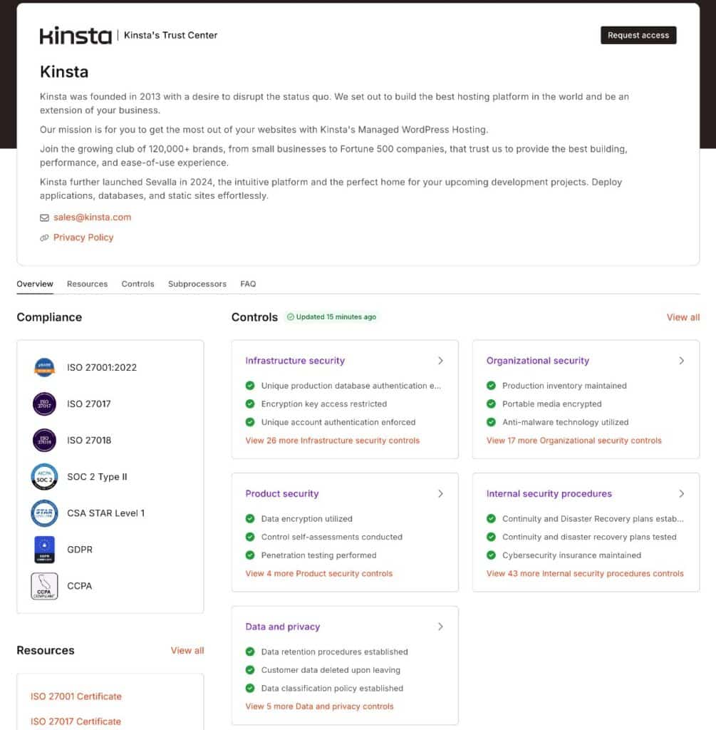 Das Kinsta Trust Center bietet transparente Informationen über die Plattform von Kinsta